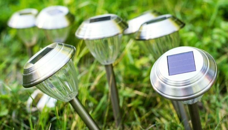 multiple outdoor solar lights poking out of the grass in daylight