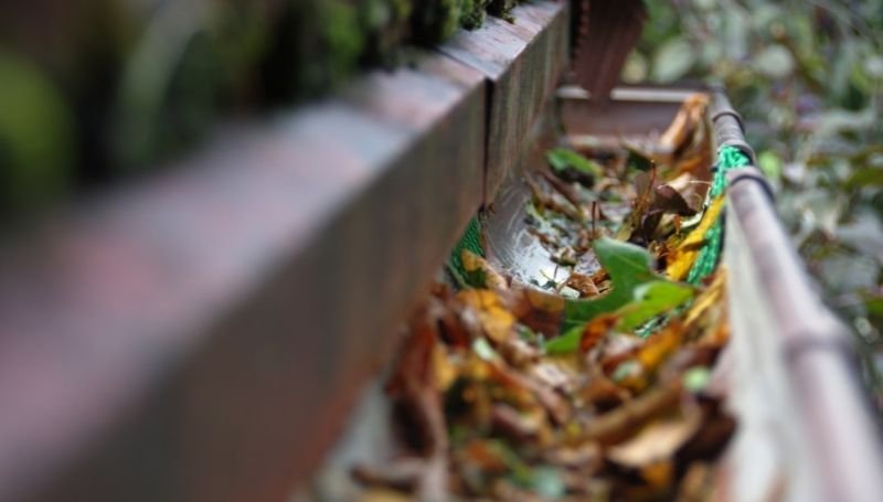 a half-round gutter with leaves in it