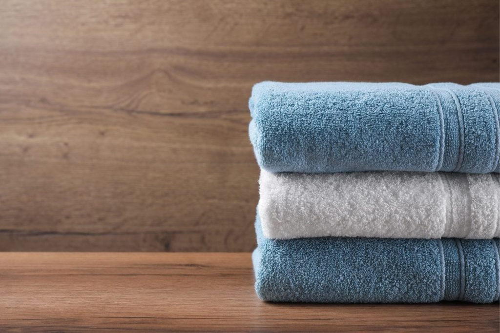 stacked soft towels on wooden table