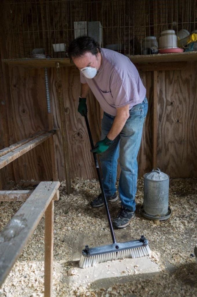 chicken farmer cleaning coop